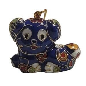 Cloisonné Enamel Blue Dog Ornament With Gold Accents & Floral Pattern